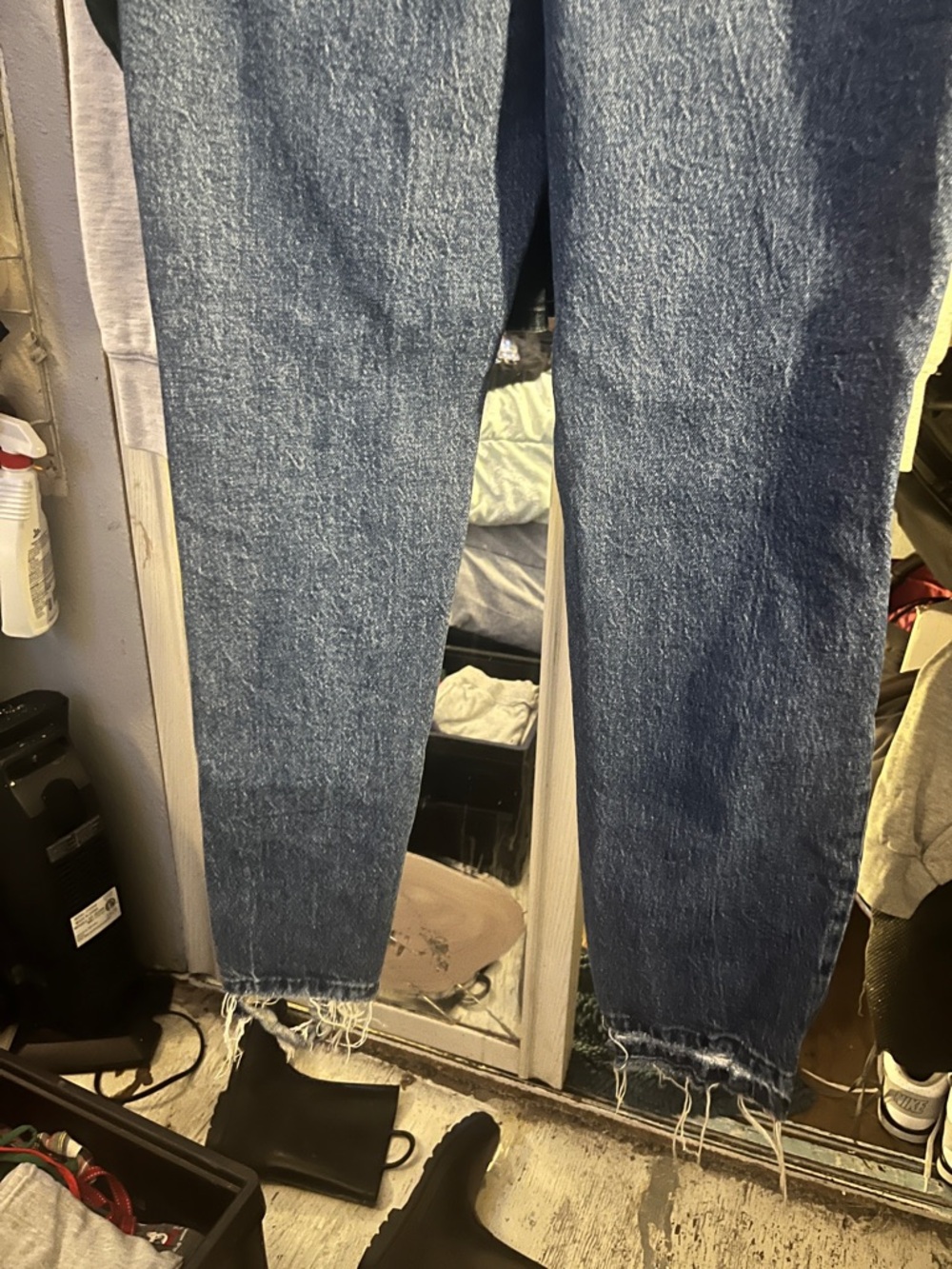 Distressed Hem Straight-Leg Jeans - Dark Blue